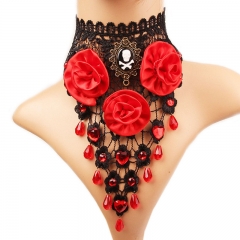 Exaggerated Black Lace Necklace Red Flower Diamond Clavicle Chain Distributor