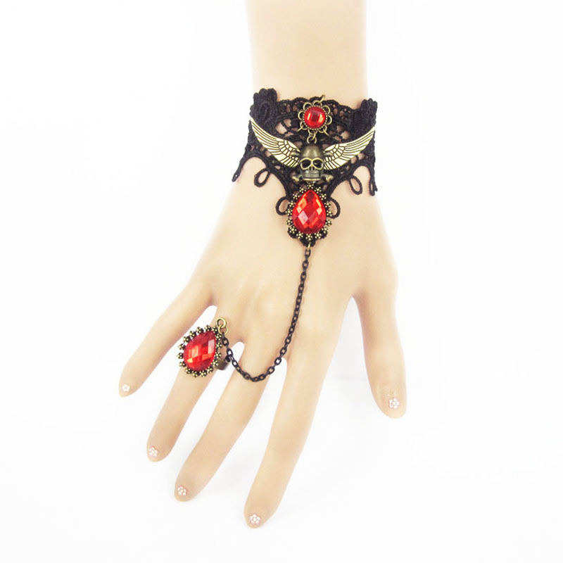 Wholesale Jewelry Halloween Vintage Pirate Skull Wings Black Lace Bracelet With Ring
