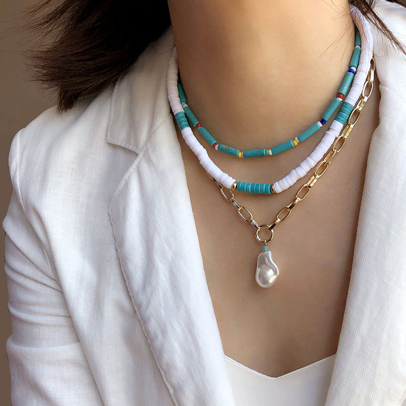 Wholesale Jewelry Multi-layer Stacked Necklace Female Bohemian Blue Ocean Wind String Soft Pottery Turquoise Clavicle Chain