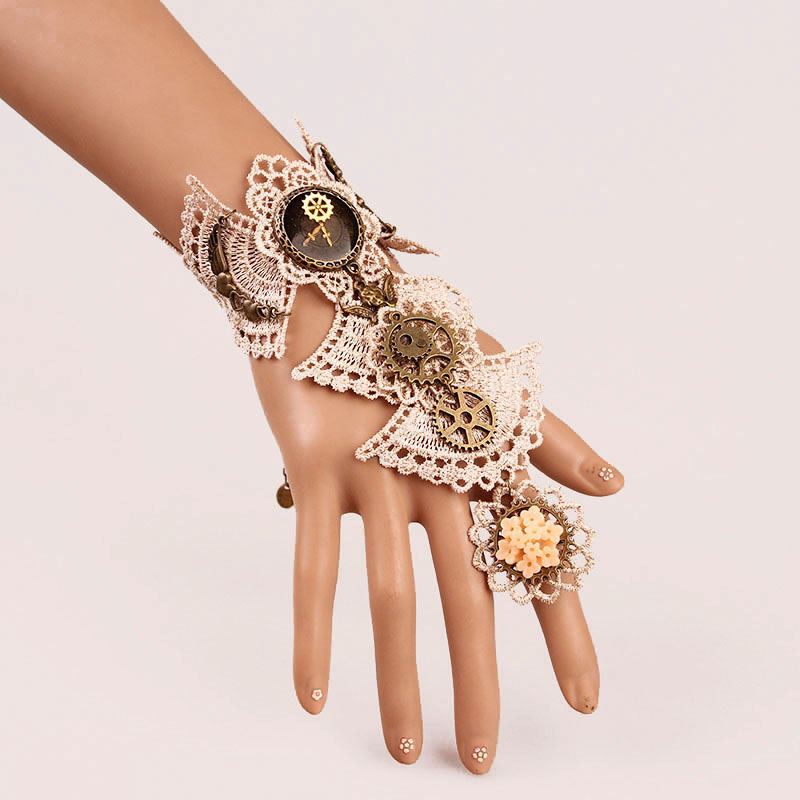 Wholesale Jewelry Gothic Lace Vintage Style Gear Clock Bracelet With Ring