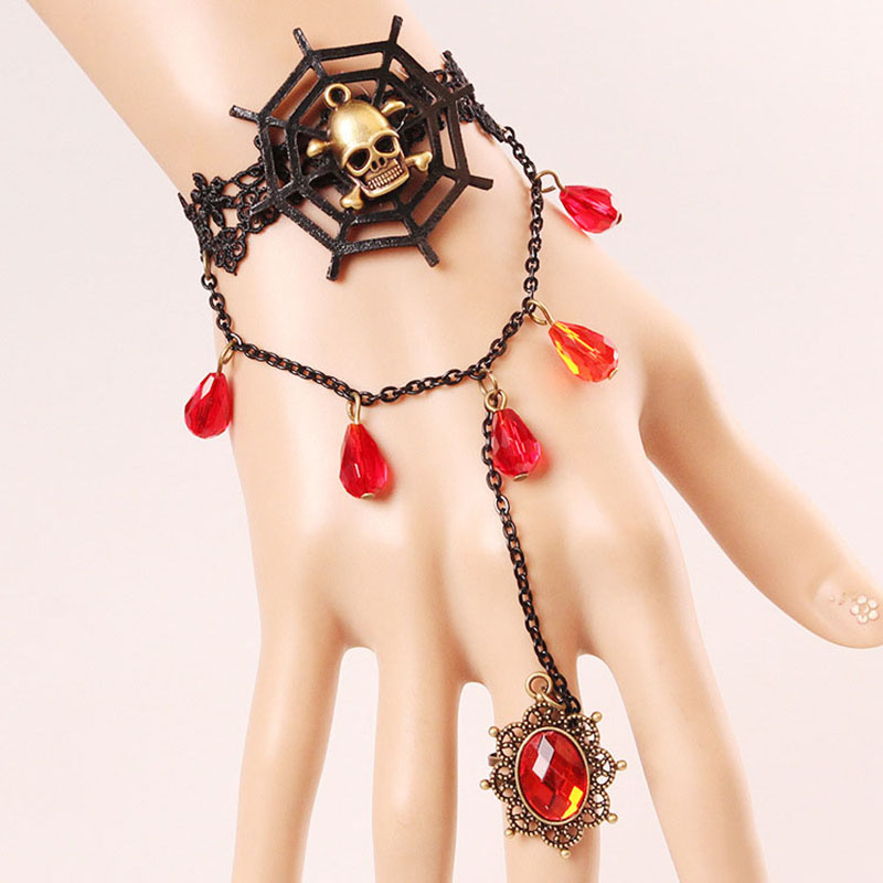 Wholesale Jewelry Vintage Black Lace Bracelet Skull Spider Web With Ring Halloween