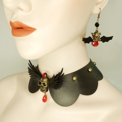 Vintage Black Leather Necklace Earrings Set Chain Skull Halloween Distributor
