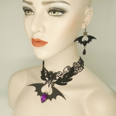 Vintage Black Lace Leather Necklace Amethyst Bat Halloween Set Distributor