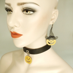 Vintage Leather Pumpkin Head Necklace Earrings Set Halloween Distributor