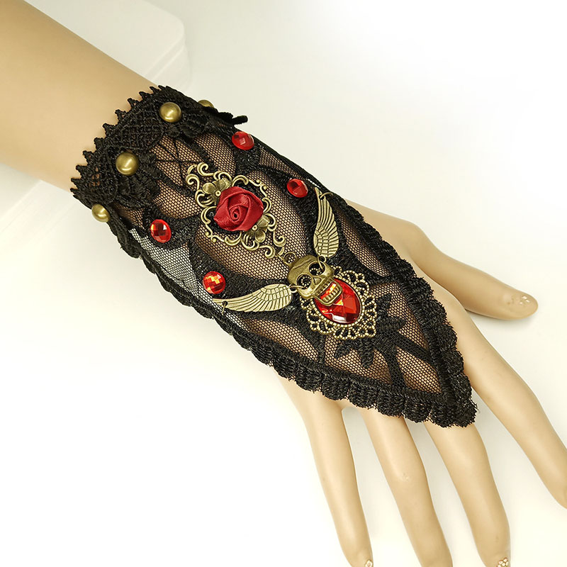Wholesale Jewelry Vintage Skull Wings Black Lace Halloween Gloves