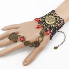 Wholesale Jewelry Vintage Punk Steam Engine Gear Clock Black Lace Bracelet