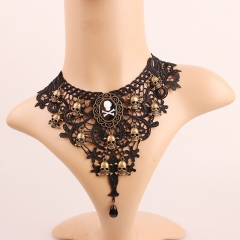 Vintage Black Lace Necklace With Skull And Crossbones Clasp Chain Halloween Distributor
