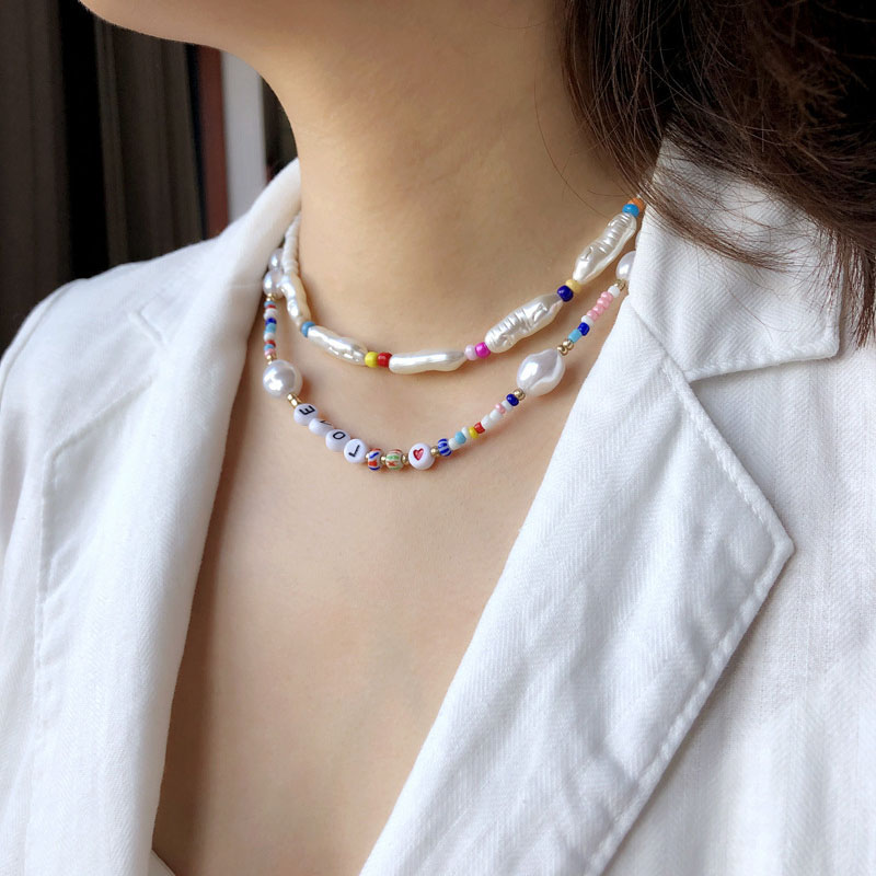 Wholesale Jewelry Popular Jewelry Shaped Pearl Necklace Female Handmade Colorful Rice Beads Collarbone Chain Beads Choker