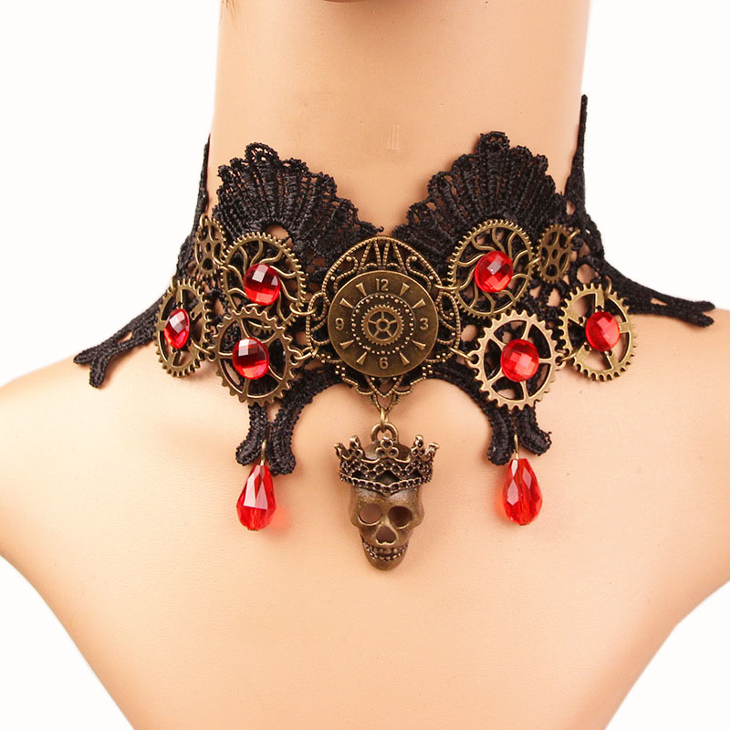 Halloween Vintage Steam Engine Gear Necklace Black Lace Skull Distributor