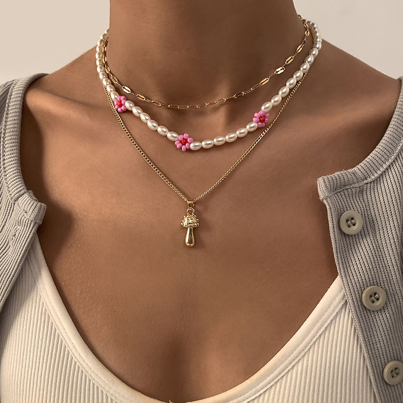 Wholesale Jewelry Creative Alloy Small Mushroom Pendant Set Necklace Vintage Fashion Imitation Pearl Flower Necklace