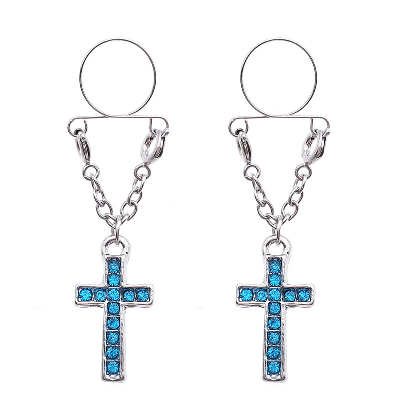 Lake Blue Cross Religious Fake Nipple Ring Adjustable Nipple Piercing Jewelry Supplier