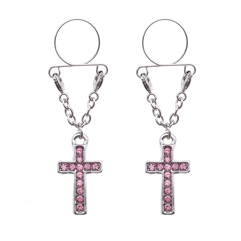 Pink Cross Religious Fake Nipple Rings Adjustable Nipple Piercing Jewelry Supplier
