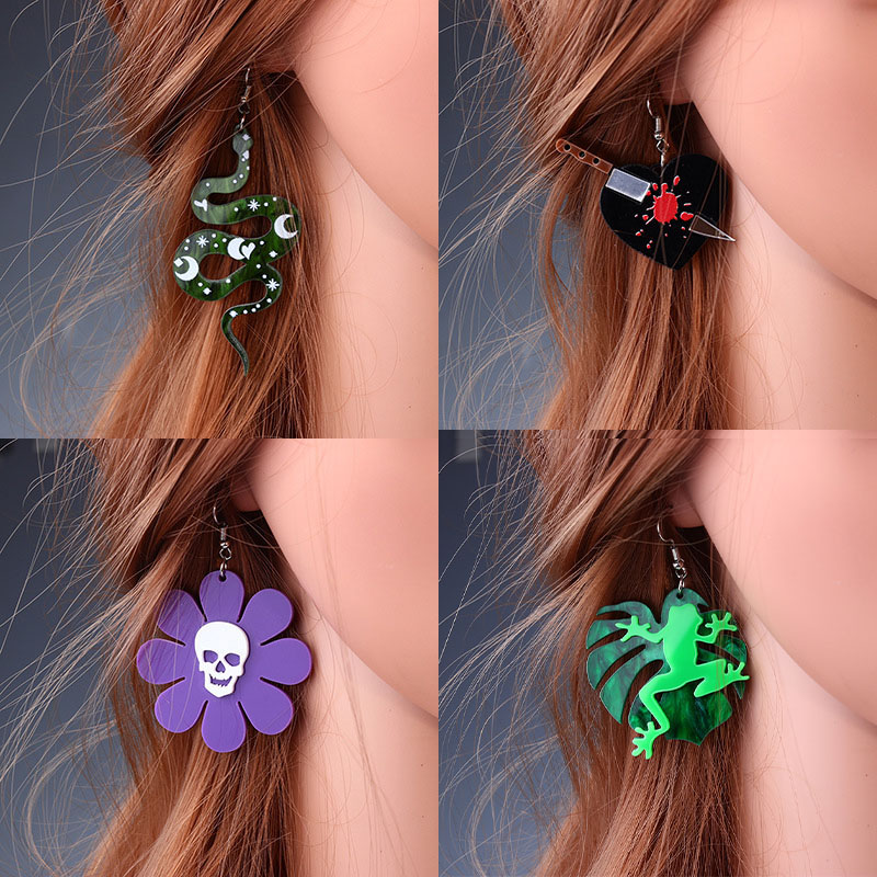 Wholesale Jewelry Halloween Skull Knife Frog Snake Patchwork Earrings Multilayer Acrylic Print