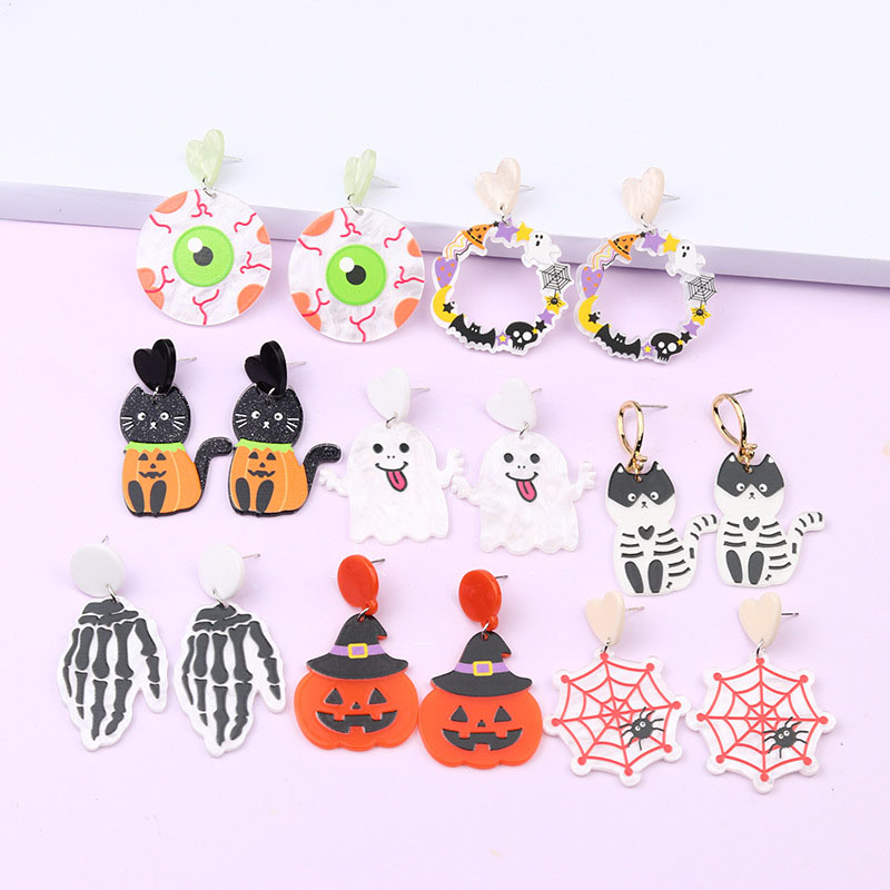Wholesale Jewelry Halloween Pumpkin Cat Earrings Multilayer Acrylic Print
