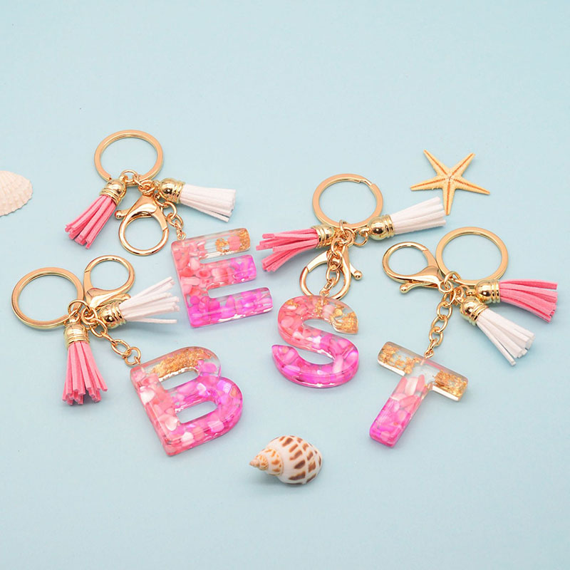 Wholesale Jewelry Resin Pendant 26 Letters Of The English Alphabet Pink Shell Drip Rubber Keychain Tassel