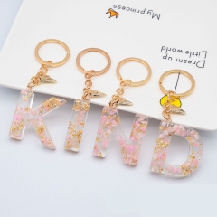 Wholesale Jewelry 26 English Letters Fashion Light Pink Crushed Flowers Gold Foil Drip Resin Keychain