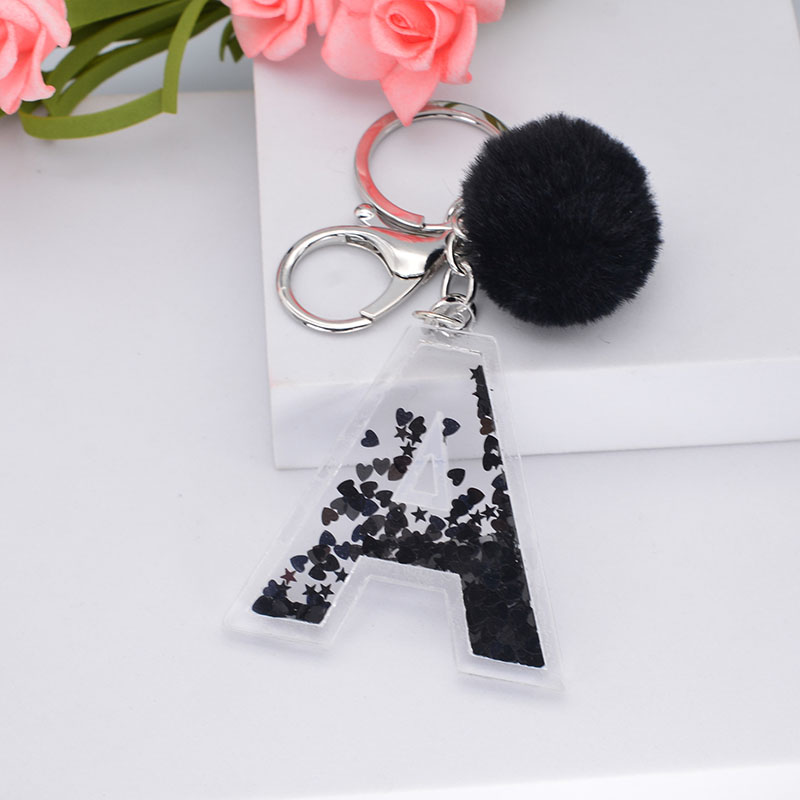 Wholesale Black Sequin Hair Ball Keychain Acrylic Hollow Letters Pendant