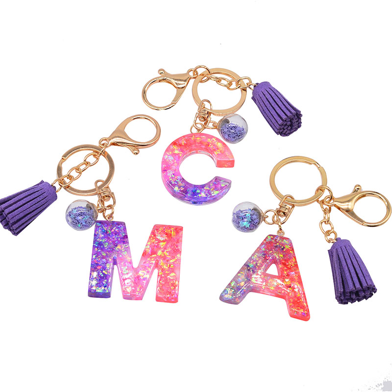 Wholesale Jewelry Splicing Tassel Pendant Purple Drip Glue Simple Resin Glitter Letters Keychain
