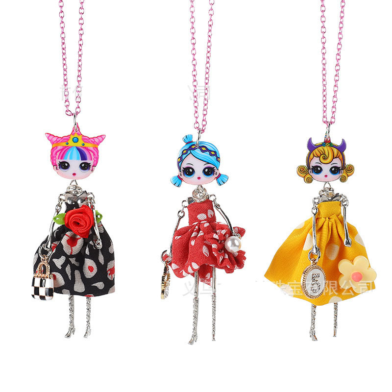 Wholesale Jewelry Cute Doll Cartoon Black And White Polka Dot Skirt Fabric Pendant Handmade Necklace