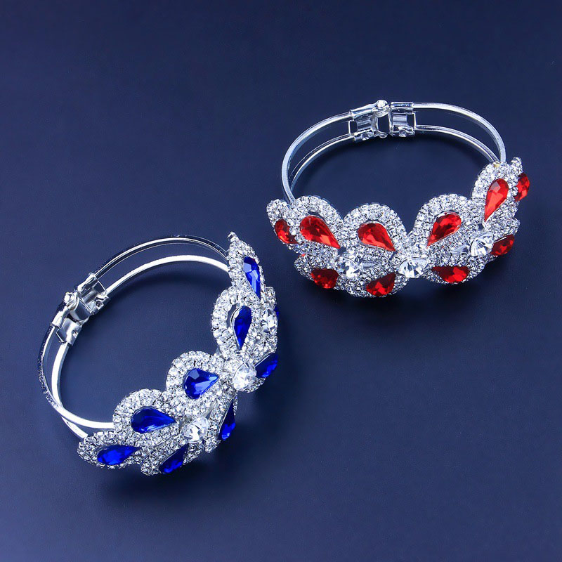 Crystal Rhinestone Open Bracelets Stainless Steel Wrist Bracelet With Blue Flowers Distributor