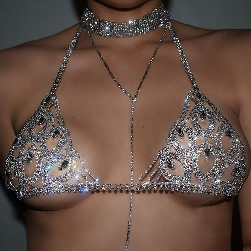 Wholesale Jewelry Leaves Chest Chain Nightclub Style Sexy Erotic Hollow Rhinestone Body Chain Female