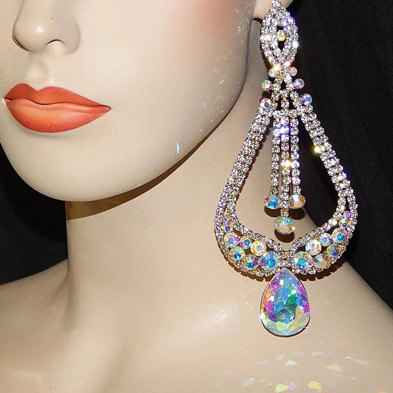 Fashion Ab Colorful Diamond Tassel Earrings Trendy Rhinestone Earrings Supplier
