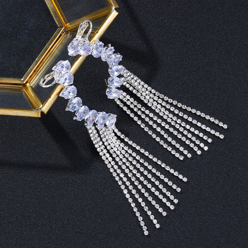 Tassel Zircon Earrings Luxury Bridal Wedding Full Of Diamonds Ear Clips Supplier