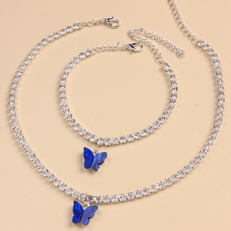 Japanese And Korean Sweet Fashion Acrylic Rhinestone Butterfly Necklace Bracelet Set Manufacturer