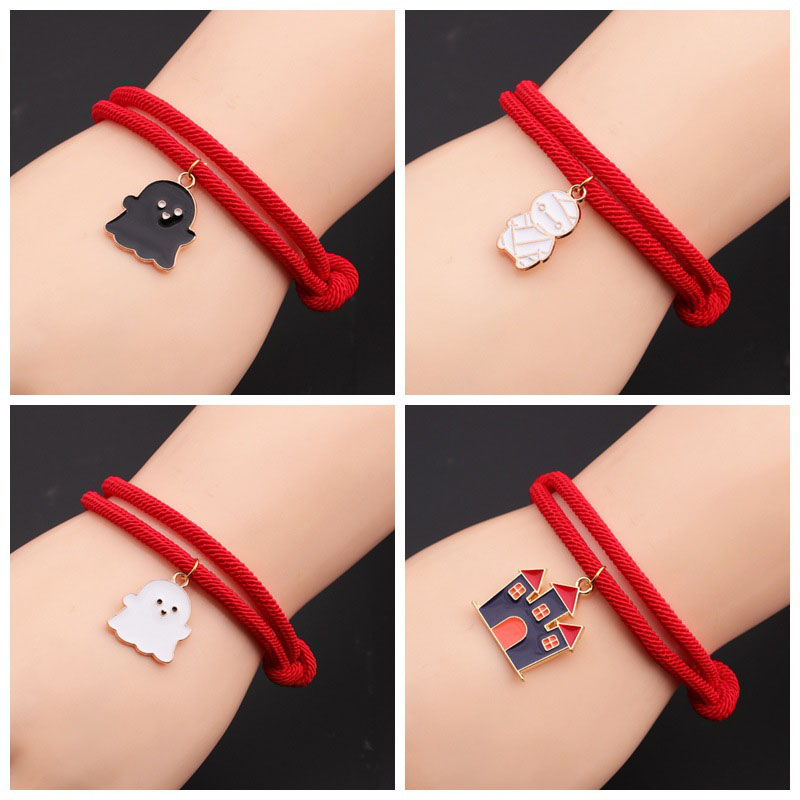 Wholesale Halloween Alloy Oil Dripping Castle Ghost Zombie Red Rope Adjustable Bracelet