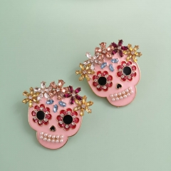 Wholesale Halloween Skull Pink Earrings Colorful Diamond Stud Earrings Vintage