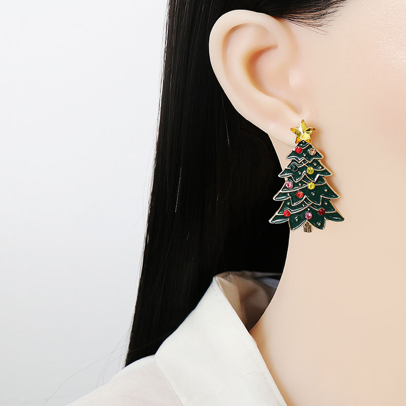 Wholesale Creative Christmas Halloween Diamond-set Christmas Tree Alloy Earrings