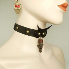Halloween Fashion Leather Necklace Owl With Earrings Set Manufacturer