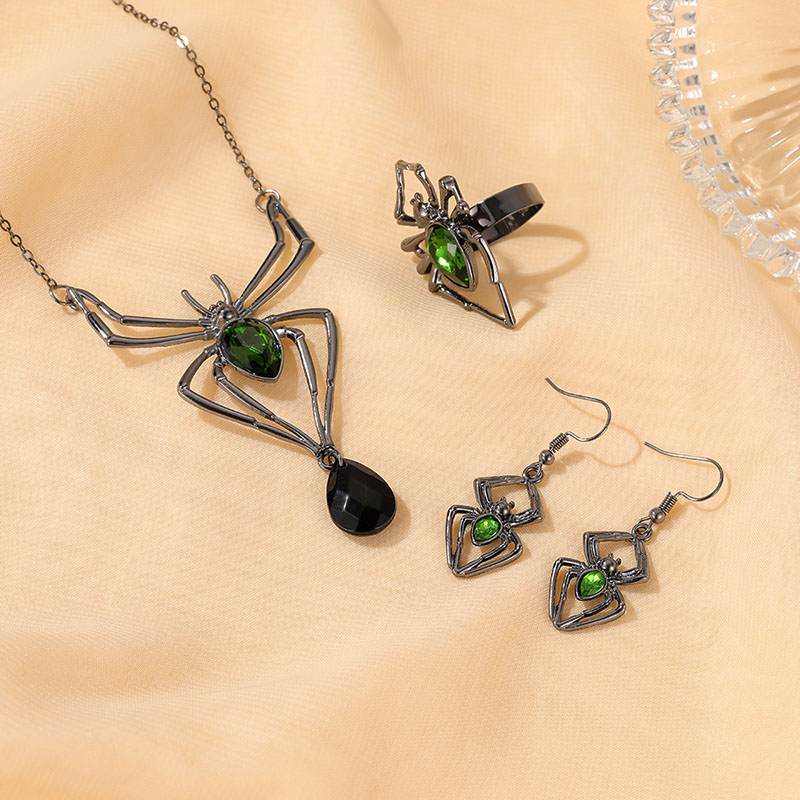 Halloween Three Pieces Spider Necklace Earrings Ring Vintage Emerald Manufacturer