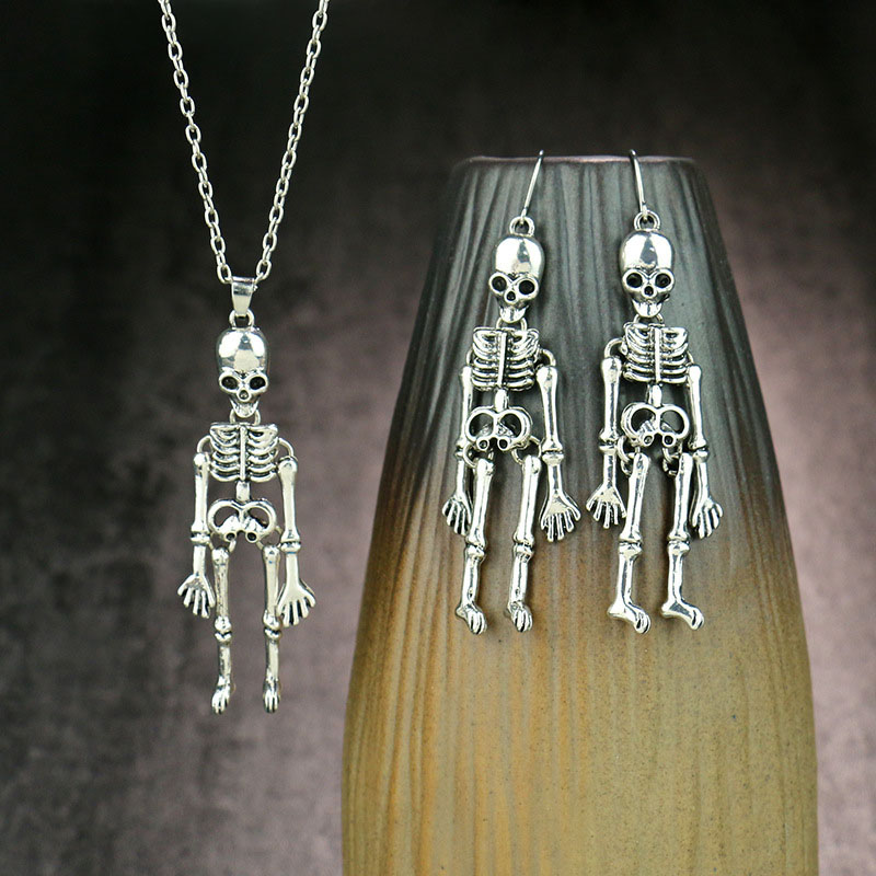 Wholesale Halloween Metal Skeleton Skeleton Earrings Necklace Dark Retro Set