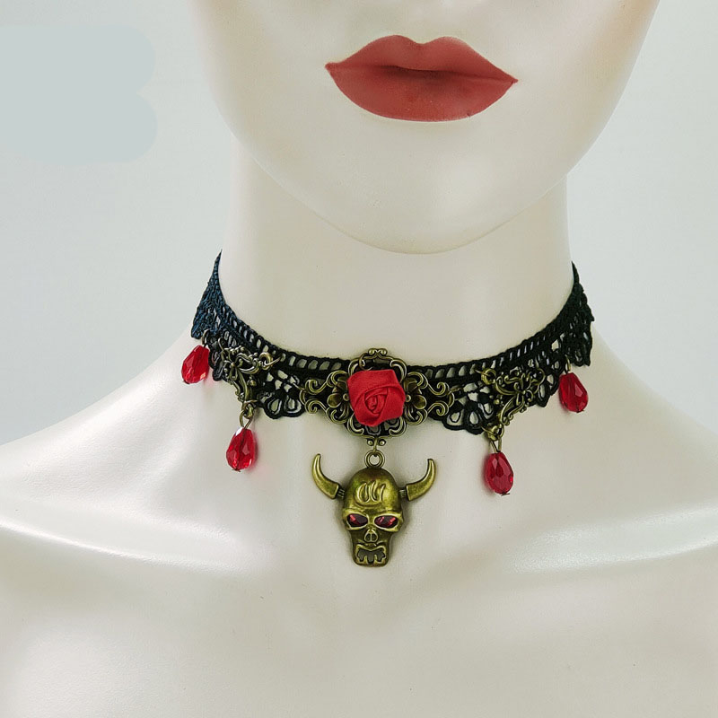 Halloween Black Lace Red Rose Vampire Necklace Cowl Red Crystal Collarbone Chain Manufacturer