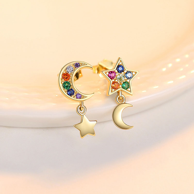 Wholesale Earrings Asymmetrical Temperament S925 Silver Earrings Colored Zirconia Stars Moon