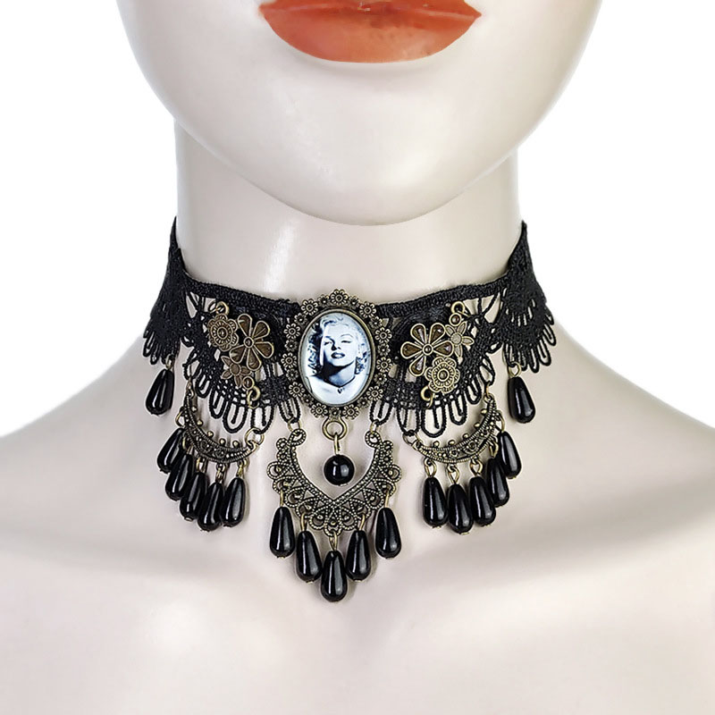 Wholesale Vintage Black Lace Pearl Punk Gothic Halloween Necklace