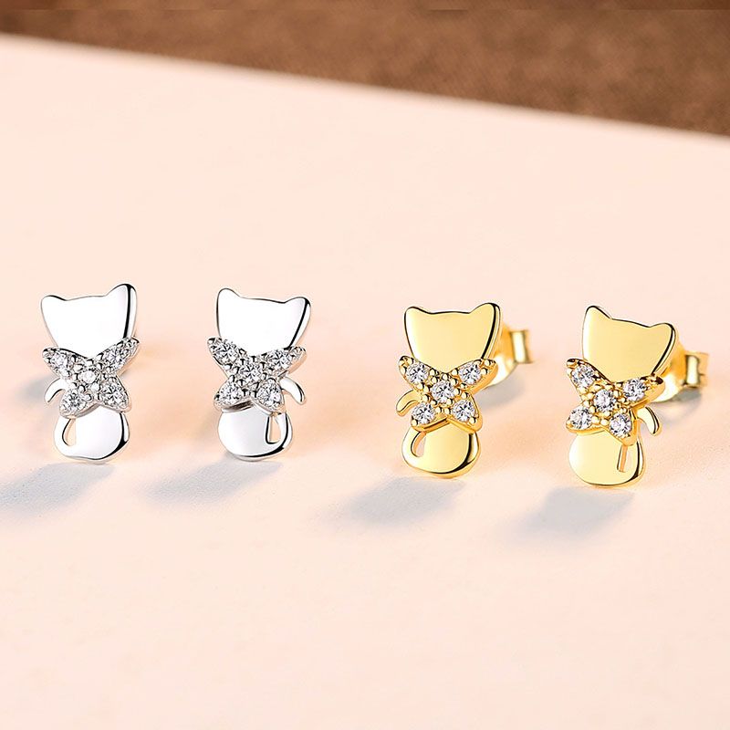 Wholesale French Small S925 Silver Earrings Zirconia Cats