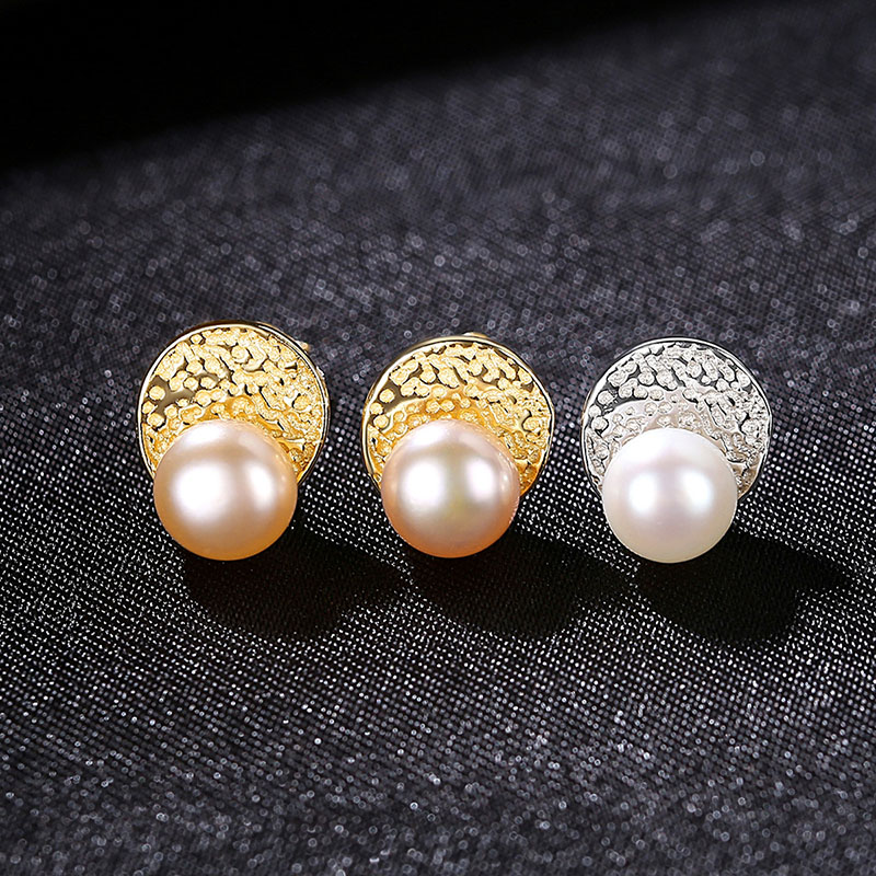 Wholesale Korean Fashion Simple S925 Silver Knockout Pattern Metal Texture Pearl Earrings