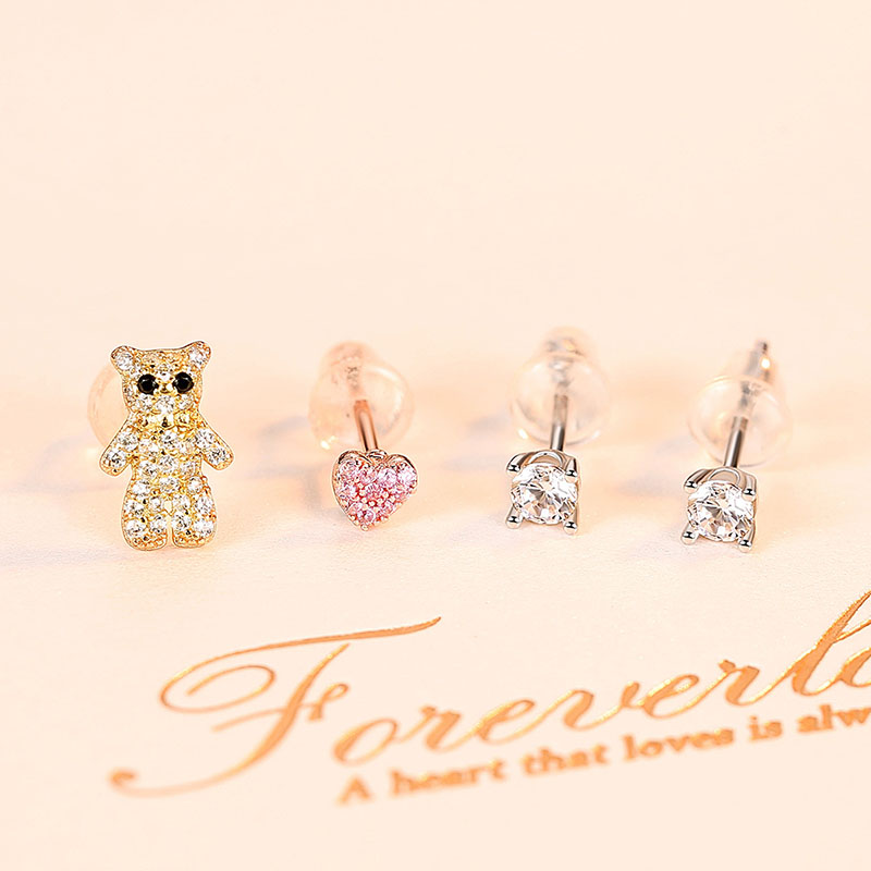 Wholesale Earring Set Japanese And Korean S925 Silver Bear Love Zirconia Raising Ear Holes