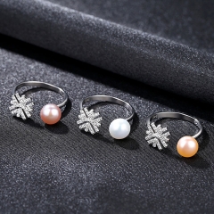 Wholesale S925 Sterling Silver Snowflake Freshwater Pearl Openable Adjustable Ring