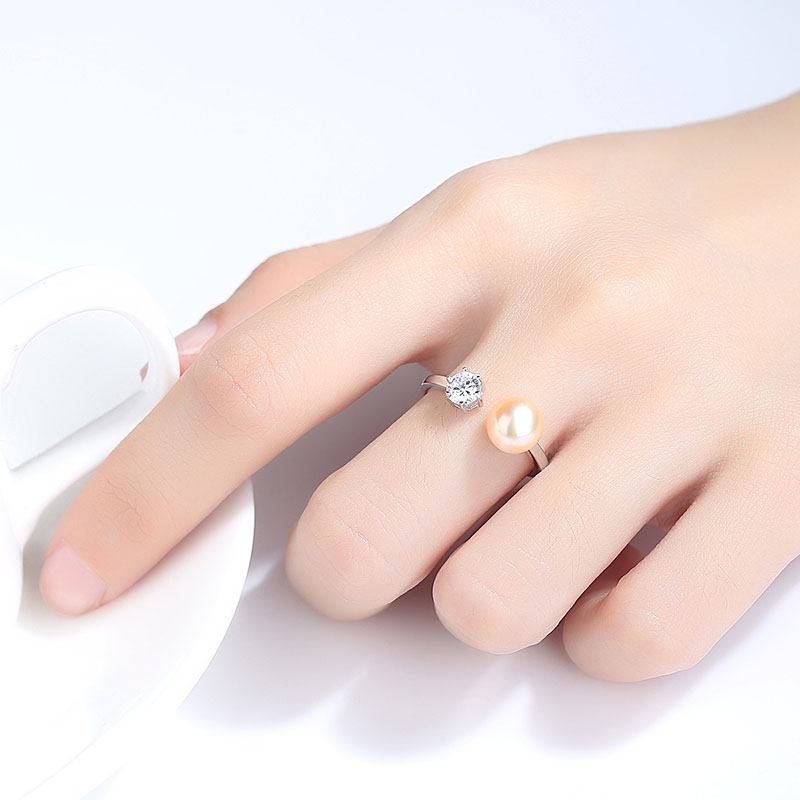 Wholesale S925 Sterling Silver With Zirconia Opening Adjustable Freshwater Pearl Finger Ring