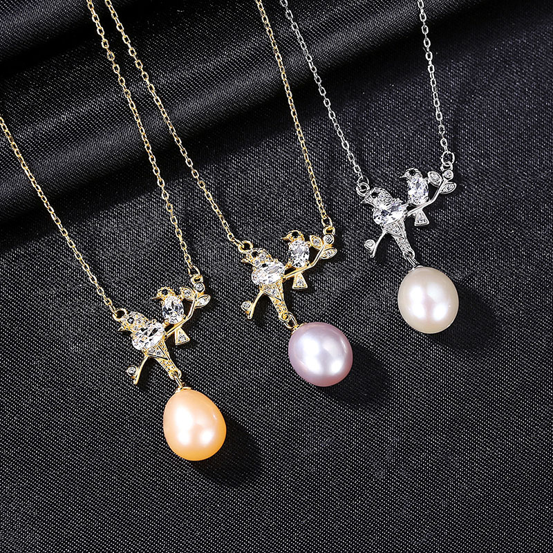 Wholesale S925 Silver Freshwater Pearl Pendant Necklace Vintage Bird Zirconia Collarbone Chain