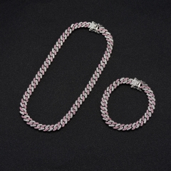 Wholesale Diamond Shaped Cuban Chain Full Of Diamonds Hip Hop Necklace Set