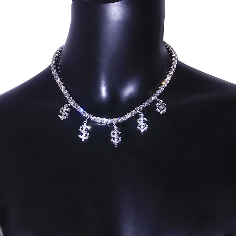 Full Diamond Dollar Sign Pendant Fashion Extravagant Hip Hop Rhinestone Necklace Supplier