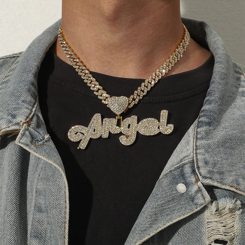 Wholesale Jewelry Full Diamond Letters Angel Pendant Creative Font Hip-hop Necklace