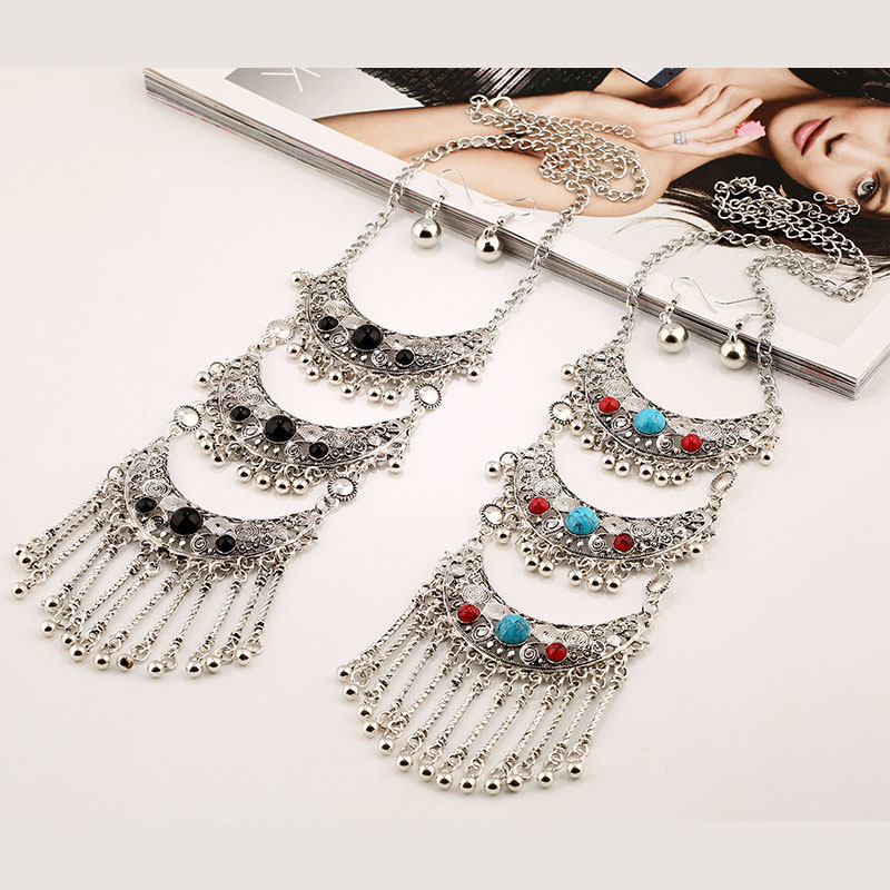 Wholesale Jewelry Hollow Gemstone Necklace Vintage Tassel Chain