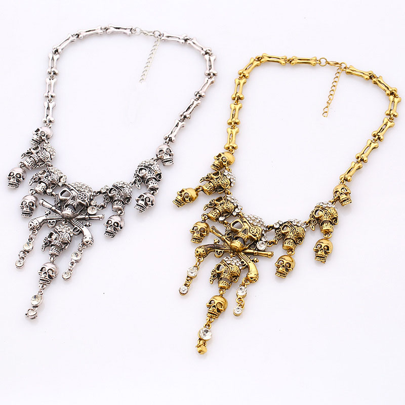 Wholesale Jewelry Vintage Skull Tassel With Diamond Clavicle Chain Sweater Chain Necklace