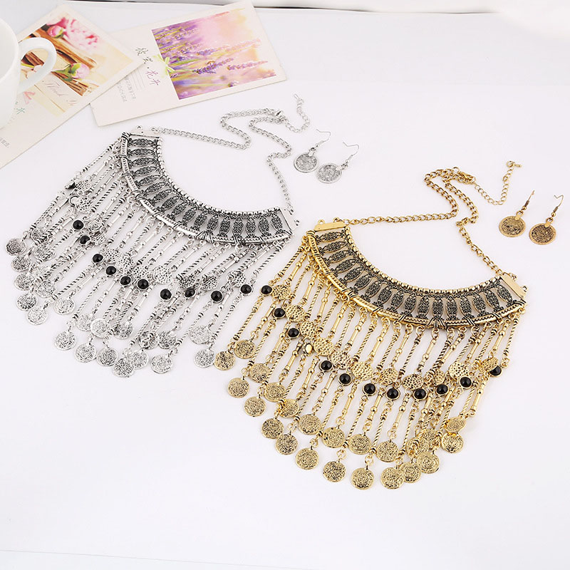 Wholesale Jewelry Exaggerated Collarbone Chain Vintage Big Name Coin Hollow Tassel Necklace