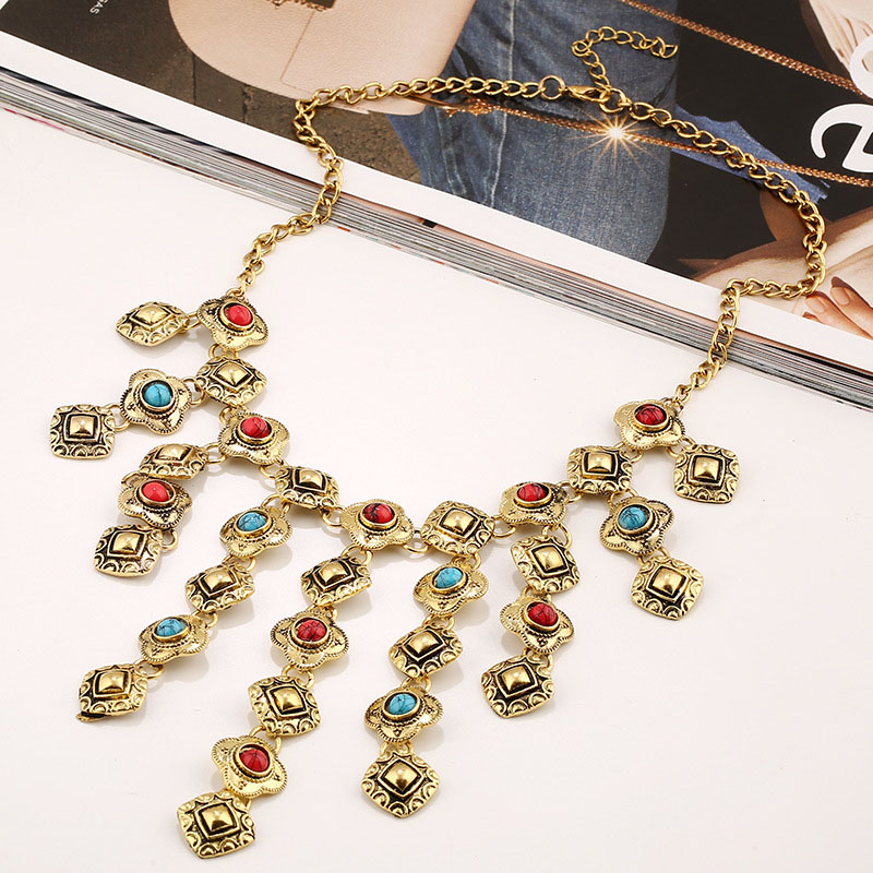 Wholesale Jewelry Fashion Vintage Carved Gemstone Tassel Alloy Exaggerated Necklace